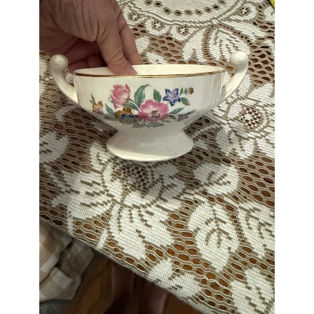 Vintage Floral Footed Sugar Bowl Gold Trim Cream Ceramic Double Handle Dish